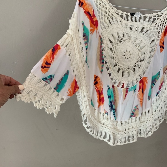 White and Orange Asymmetrical Crochet Blouse with 3/4 Sleeves - Picture 3 of 5